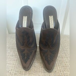 Donald J. Pliner Brown Suede Embroidered  Western Mules Couture  Clogs Size 5.5